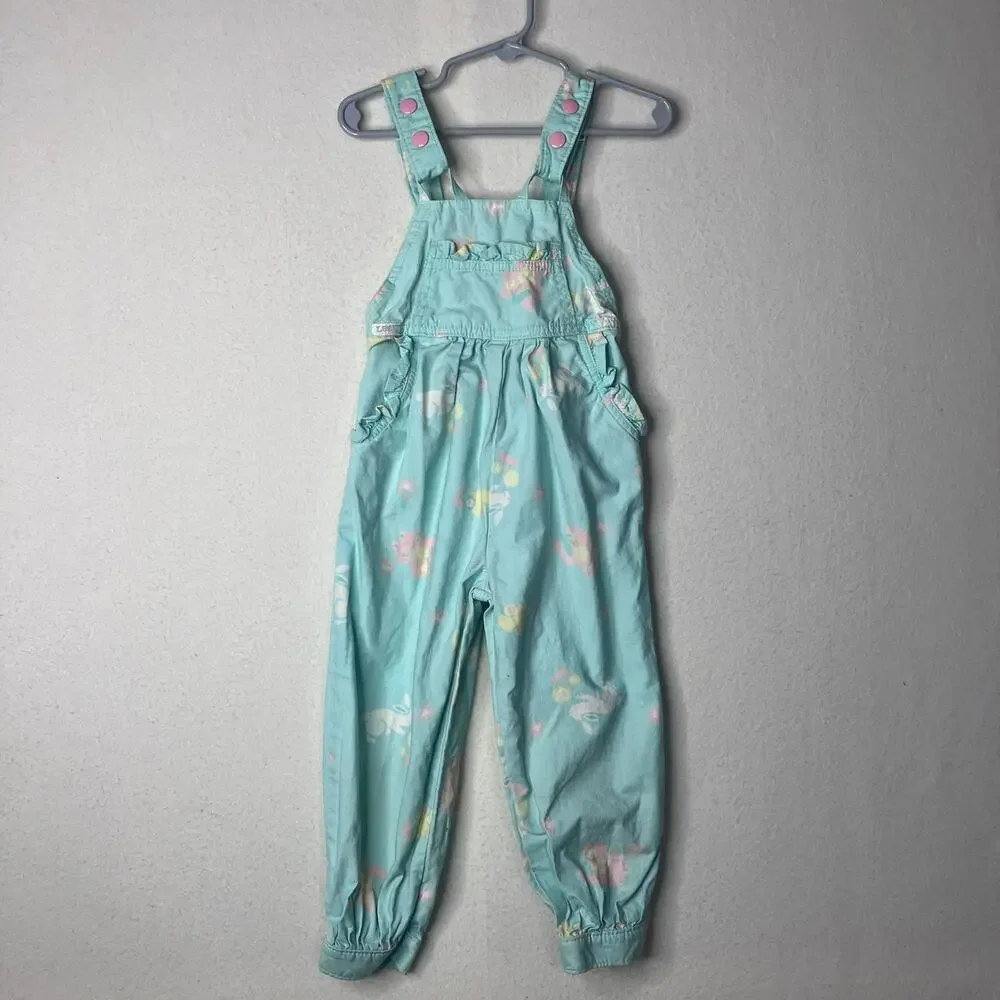 Vintage Lee Overalls 3T Girls Pastel Frog Bunny Coveralls 90s Y2K Toddler